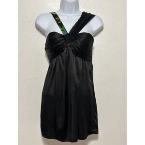 90s Y2K Going Out Top M 100% Silk Babydoll Black Floral Strap Ruched Bust